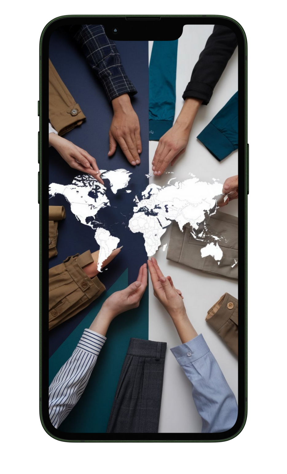 Professional apparel sourcing website hero image showing diverse fashion products, global trade map overlay, team collaboration, clean corporate design, deep navy blue and teal color scheme, realistic photography style